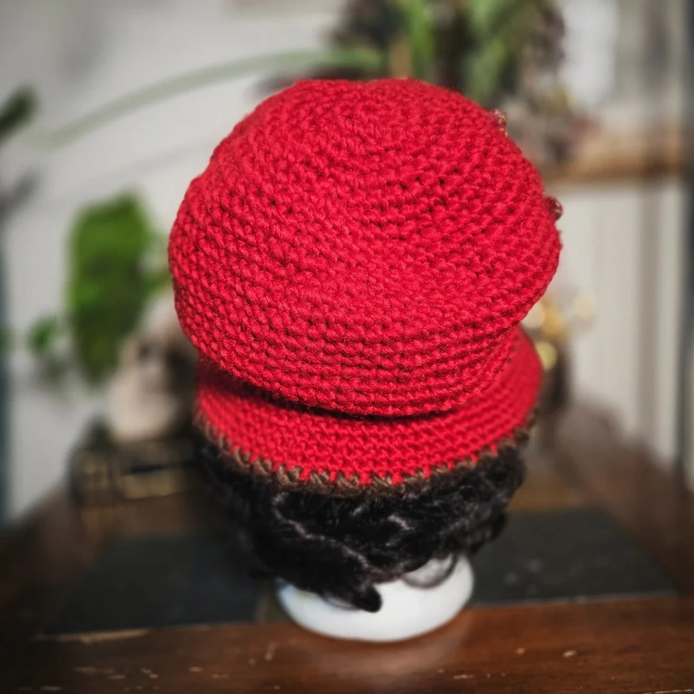 Handmade Red Knit Crochet Cloche‎ Hat Floral Pearl Accent Bucket Hat